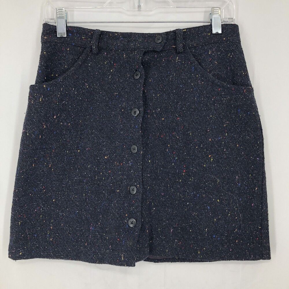 Gap Black Navy Blue Color Fleck Wool Tweed Button Front Lined Mini Skirt 8